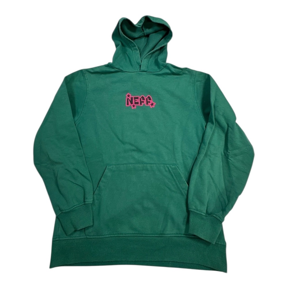NEFF Green‎ Hoodie Pink Logo Graphic Fleece Lined Pullover Hood Sweatshirt Large